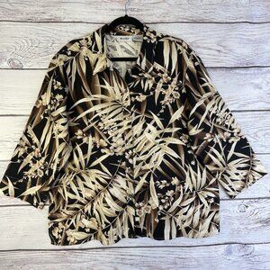 Units‎ Womens XL Button Front Top Black Beige Tropical Print Linen 3/4 Slv